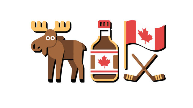Canadian culture flat vector icon set with cartoon moose flag hockey sticks and maple syrup isolated on white background