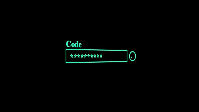 Digital security code entry field on a black background, password input box with glowing green text and asterisks, cyber security and data protection concept.