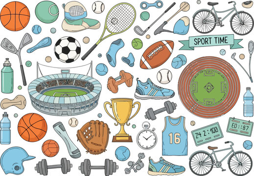 Seamless sports equipment pattern with balls, trophies, jerseys and fitness icons in colorful hand drawn style