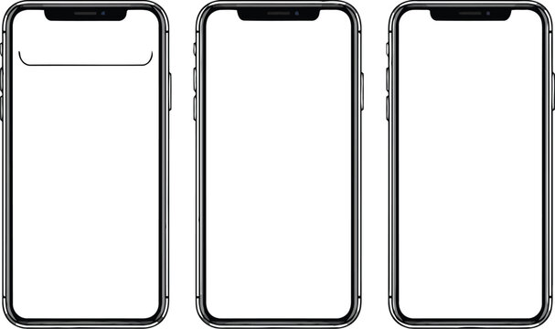 Three Blank Smartphone Mockups with White Screen, Front View Isolated on Transparent Background