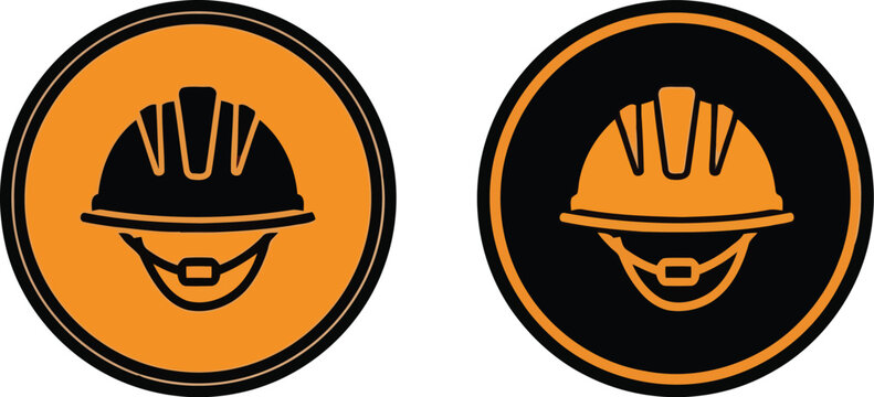 Construction hard hat safety icon set in orange and black circular design