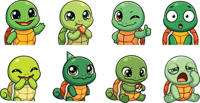 Set of cute baby turtle character expressions, kawaii animal stickers, little tortoise mascots in various poses and moods, cartoon vector illustration collection for scrapbooking or digital design
