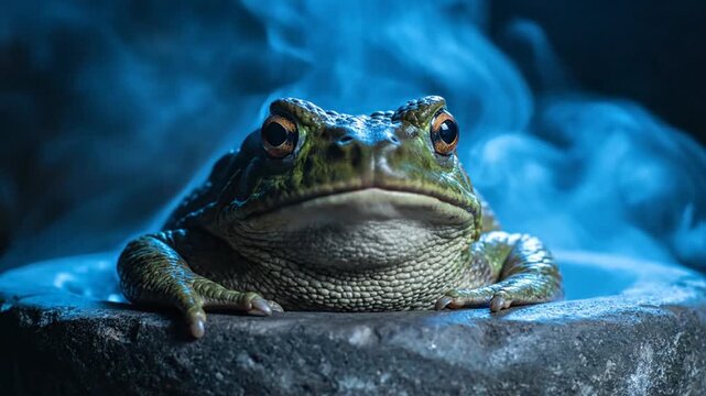 Toad sitting on rock surrounded by blue mist.