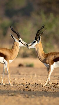A close encounter between two antelopes in a desert habitat