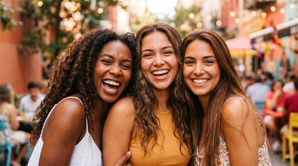 Fototapeta premium Three diverse women laughing together outdoors in a vibrant city street setting