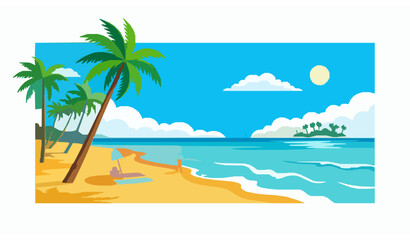 Obraz premium Sunny tropical beach landscape with palm trees blue ocean sandy shore and clear sky illustration