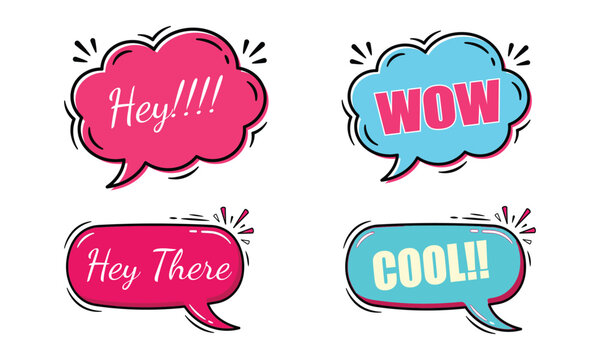 Set of four colorful comic speech bubbles with words like hey, wow, hey there, and cool.