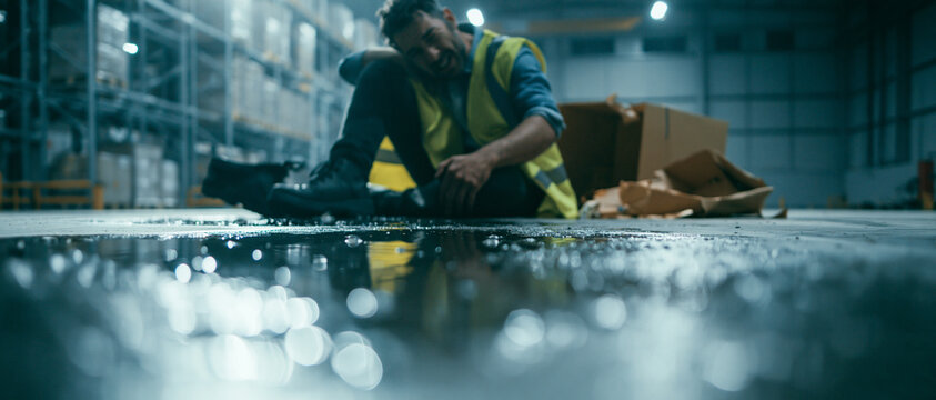 Injured warehouse employee in pain sitting on wet floor after slip and fall accident. Workplace safety, workers compensation, and life insurance concept