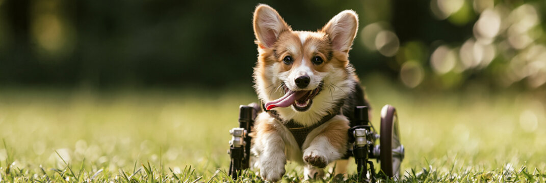 Active special needs pet. Smiling Corgi dog running in a wheelchair on sunny green grass, wide banner with copy space