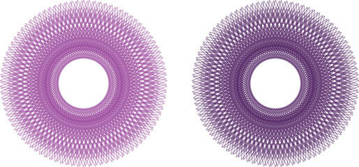 Intricate abstract guilloche rosette vector illustration featuring two symmetrical circular spirograph patterns in purple shades. Detailed geometric line art with radial symmetry isolated on a light b © Rafiq