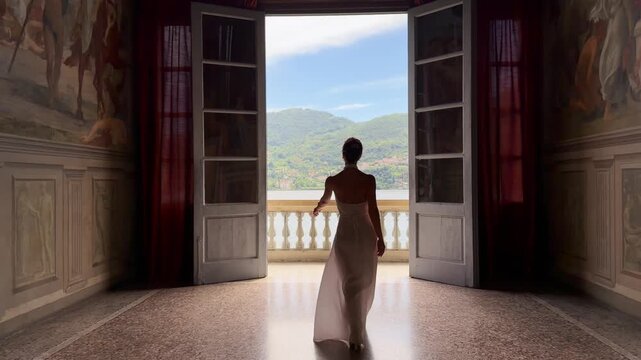 Silhouette of an Elegant Woman in a White Dress Inside a Grand Frescoed Hall of a Historic Italian Villa With Open Doors Revealing Lake Como and Alpine Mountains, Lombardy Italy
