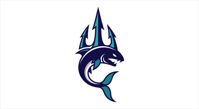 Powerful blue fish with trident symbol illustration.