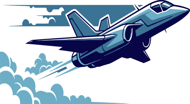 Fast blue jet airplane flying through clouds in the sky