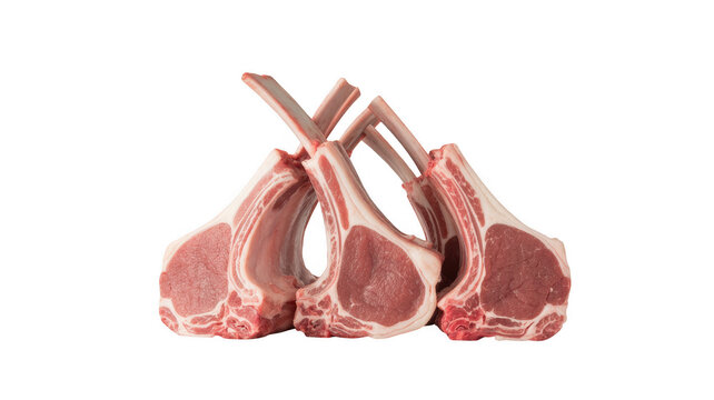 Three raw lamb chops with bones arranged together on a white background, showing pink meat, white fat, and red muscle fibers for cooking