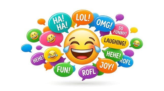 Laughing emoji surrounded by colorful speech bubbles with funny expressions