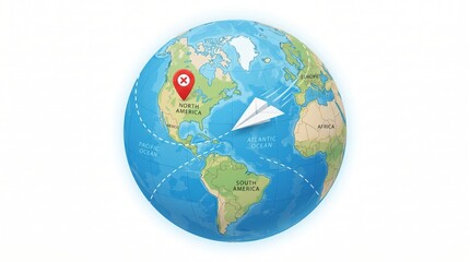Naklejka premium Paper airplane flying over world map with location pin