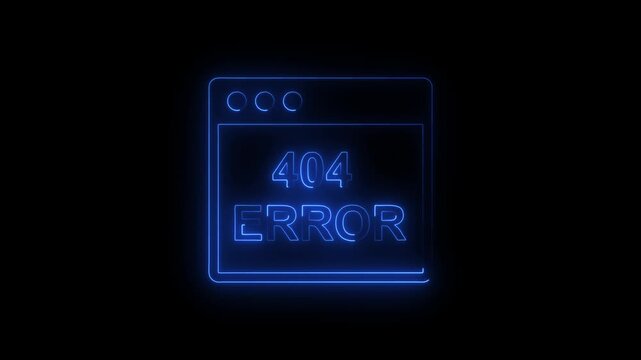 Neon blue 404 error message sign on black background, digital web page not found concept, glowing browser window icon