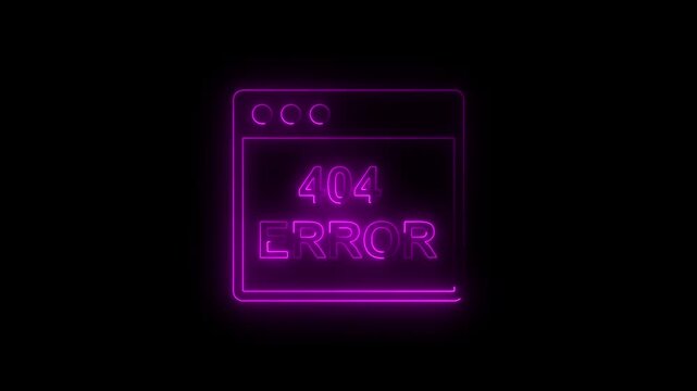Neon purple 404 error message sign on black background, digital web page not found concept, glowing browser window icon