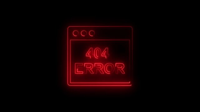 Neon red 404 error message sign on black background, digital web page not found concept, glowing browser window icon