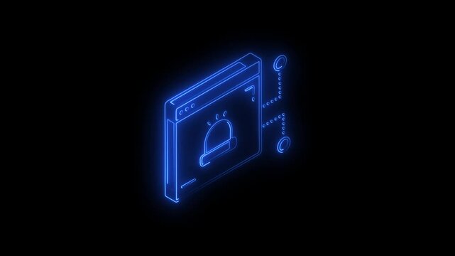Isometric neon blue icon of a browser window with a siren alert symbol, representing threat or system notification