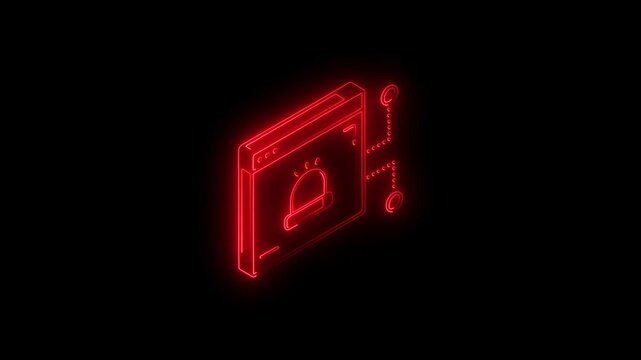 Isometric neon red icon of a browser window with a siren alert symbol, representing threat or system notification