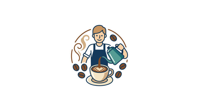 Barista making latte art coffee, pouring milk into espresso, cafe illustration