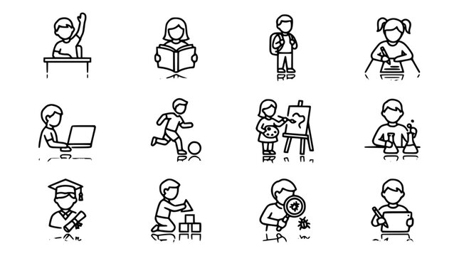 School kids learning line icon vector set with minimalist student children education symbols and linear gradient reflections isolated on white background