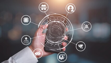 Fototapeta premium Cyber security icons show cyber attack defense, malware protection, and data security. Cybersecurity prevents hacking, ensures safety, and strengthens cyber attack resilience. Gist