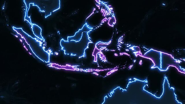Glowing neon outlines depicting a landmass on a dark background