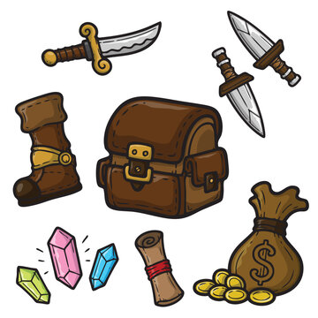 Colorful Hand Drawn RPG Adventure Doodles &ndash; Treasure & Gear Set