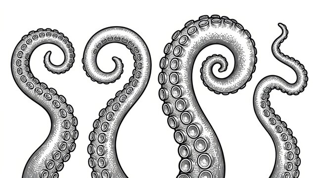 Octopus tentacle set illustrated in a highly detailed vintage engraving style. Black and white vector artwork featuring scratchboard imitation, intricate etched linework.