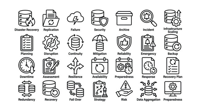 Business continuity icons set for disaster recovery and data protection services online  business continuity planning and data security