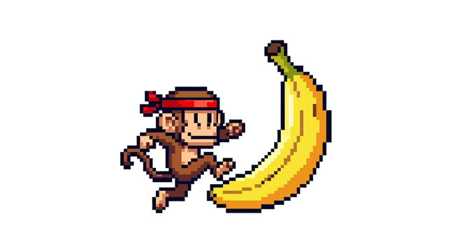 Pixel art monkey wearing red headband running by a banana vector