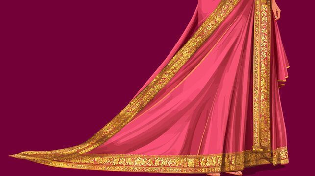 Elegant pink sari with ornate gold borders cascading over dark maroon backdrop.