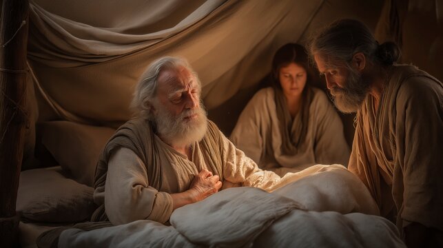 The aged Isaac rests upon his bed and extends his hands over Jacob, bestowing a blessing that will shape generations, while Rebekah watches as God&rsquo;s covenant promises continue through the chosen famil