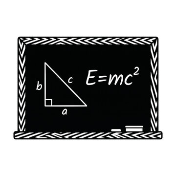 A black chalkboard with a white triangle and equation emc2 written on it in a classroom setting with books and chalks isolated on transparent background