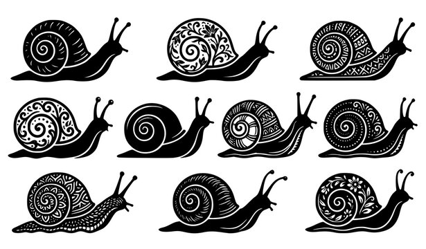 Cute snail collection with decorative spiral shells isolated black silhouette vector illustration set