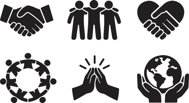 International unity and solidarity web icon bundle, line icons for peace, corporate teamwork, and group friendship isolated on white background
