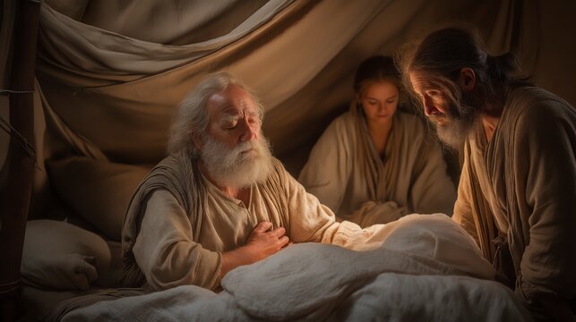 Isaac places his hands upon Jacob and pronounces a blessing, while Rebekah watches nearby, capturing a pivotal moment of inheritance, destiny, and the unfolding of God&rsquo;s covenant promises.
