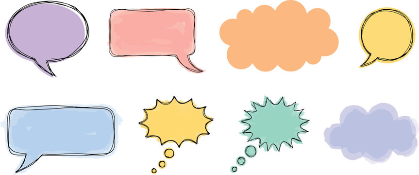Colorful speech bubble stickers set in hand drawn sketchy style for comic dialogue and chat messages. Vector illustration