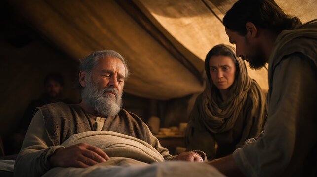 Isaac places his hands upon Jacob and pronounces a blessing, while Rebekah watches nearby, capturing a pivotal moment of inheritance, destiny, and the unfolding of God&rsquo;s covenant promises.

