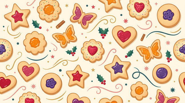 Festive bakery seamless pattern. Cute jam cookies, holly berries, and stars vector illustration.