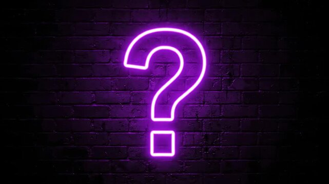 Glowing neon purple question mark outline on a dark brick wall backdrop. Wall surface texture