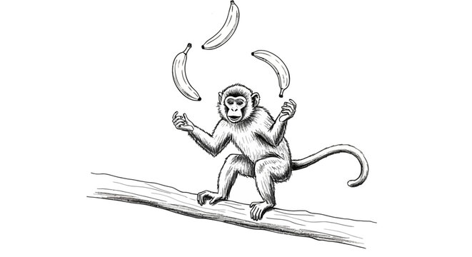 Playful monkey juggling fruit banana vector sketch on a branch