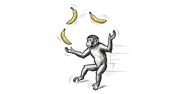 Playful monkey juggling yellow fruit in a banana vector