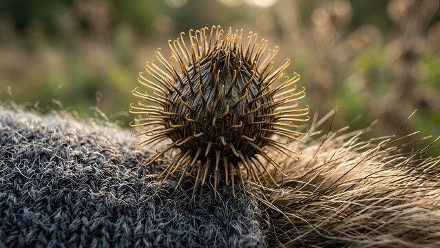 Close-up of thorny burdock seed head outdoors on soft grey textured surface
