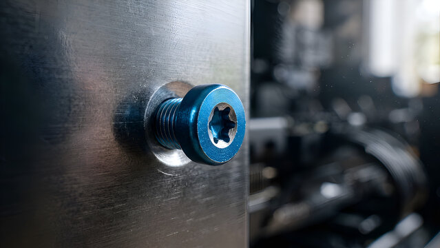 Blue Hex Socket Head Screw Fastener on Metal Surface Macro Closeup