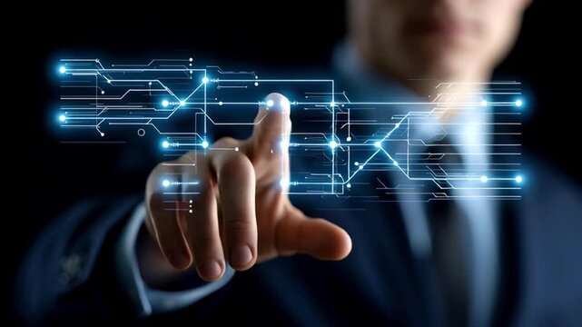 Professional man in a suit using his finger to navigate a glowing blue digital interface, touching a futuristic circuit board and activating a technological network on a dark background