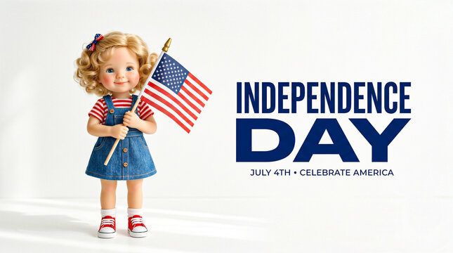 Independence Day celebration banner, patriotic doll holding American flag, July 4th holiday greeting with Celebrate America text on white background