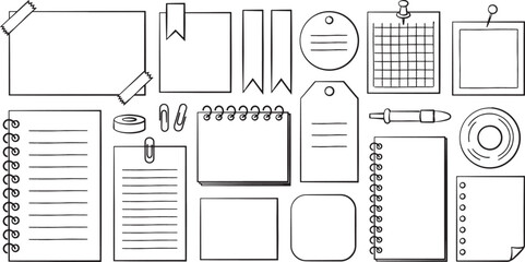 Doodle note pad elements collection with hand drawn school stationery supplies on transparent background. Vector illustration © Shapla
